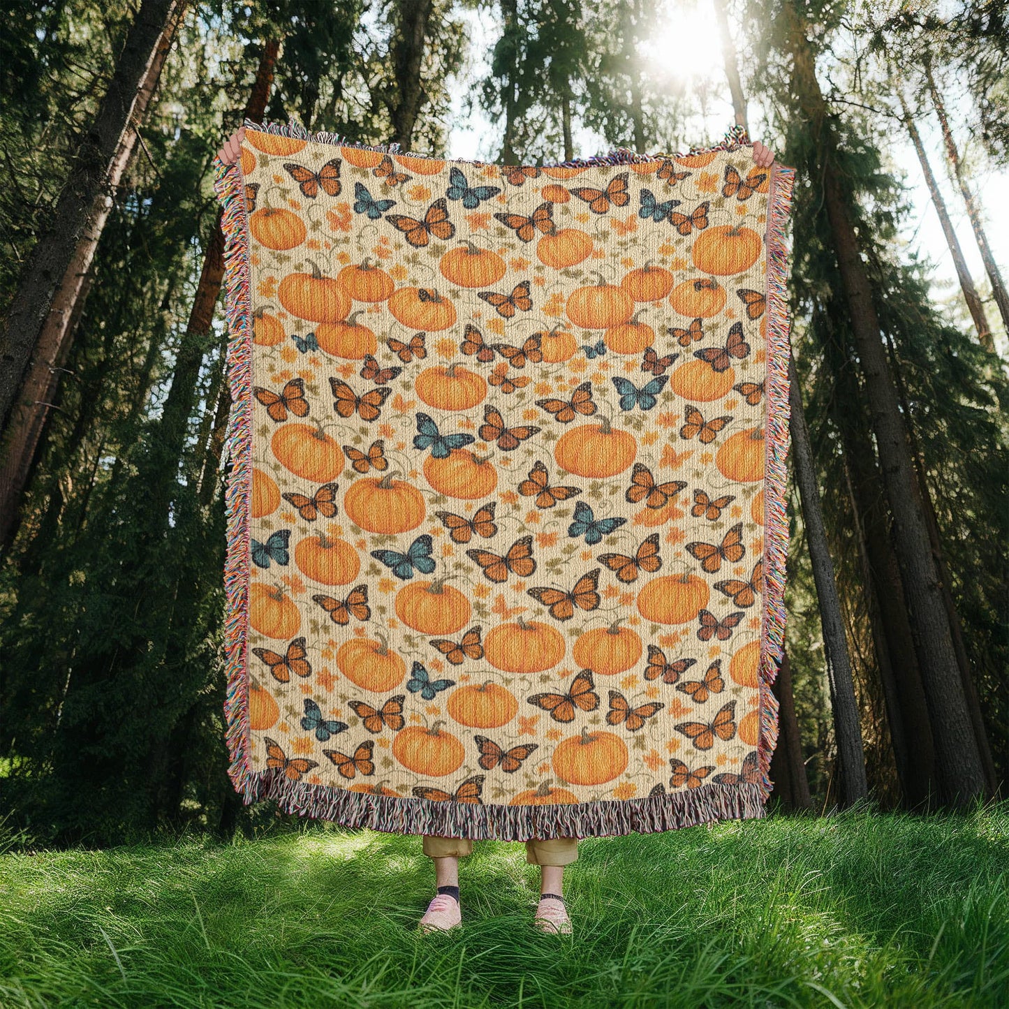 Pumpkins and Butterflies Pattern - Eco Friendly and Cozy 100% Cotton Yarn Woven Blanket in 3 Sizes