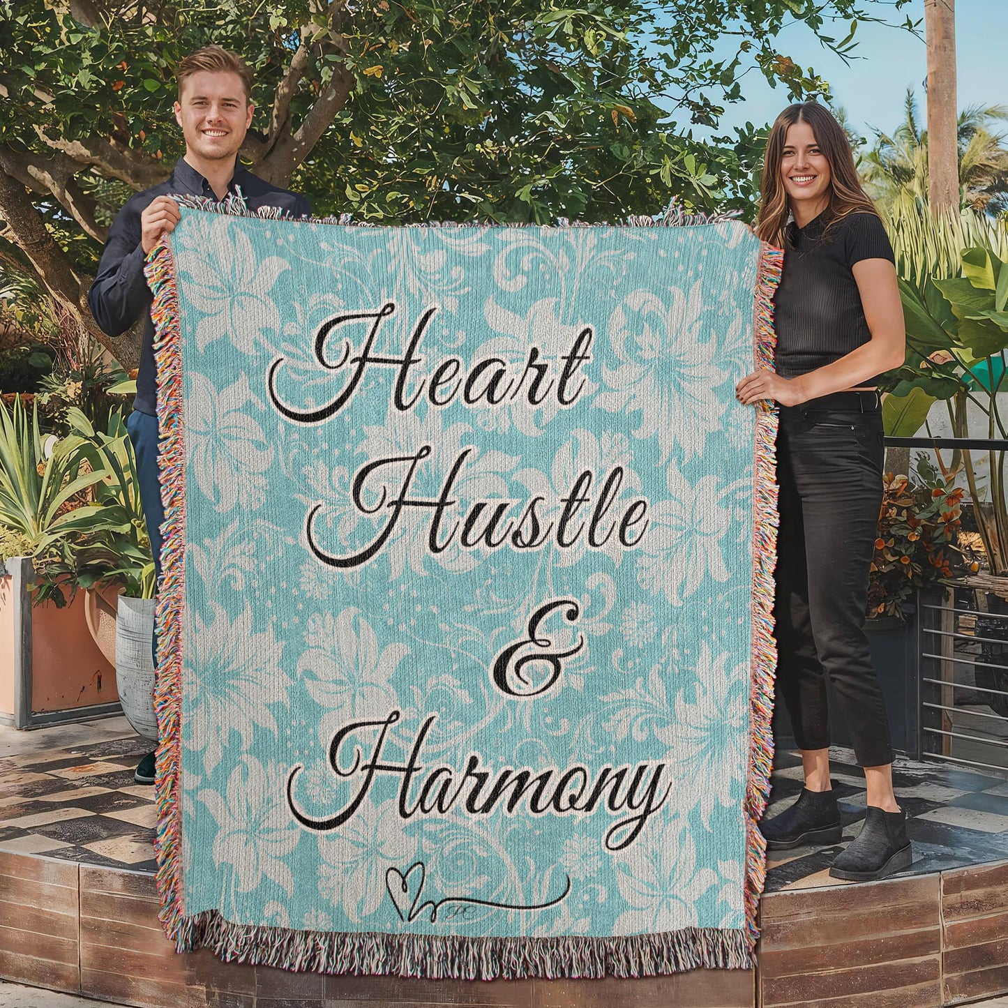 Heart Hustle and Harmony Beautiful Blue on an Eco-Friendly 100% Cotton Yarn Woven Blanket in 3 sizes!