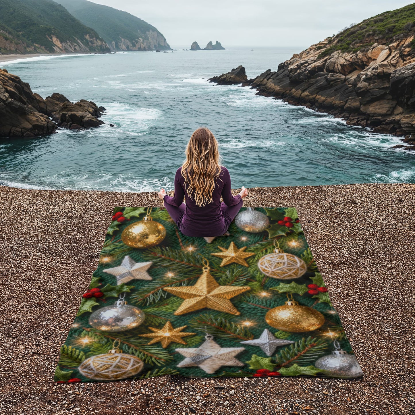 Christmas Ornaments on Green Boughs and Holly - Coral Fleece Blanket