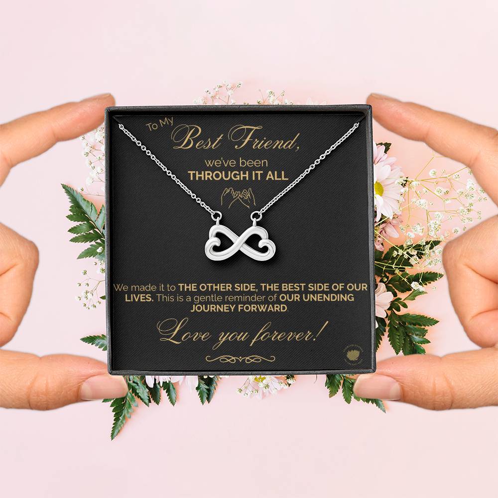 Best Friends Endless Love (Infinity Hearts) Necklace - Message Card Jewelry 14k White or 18k Gold finishes available