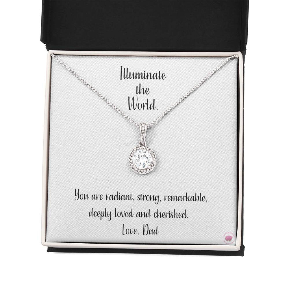 Illuminate the World Message Card Eternal Hope Necklace in 14k White Gold Finish - To Daughter From Dad