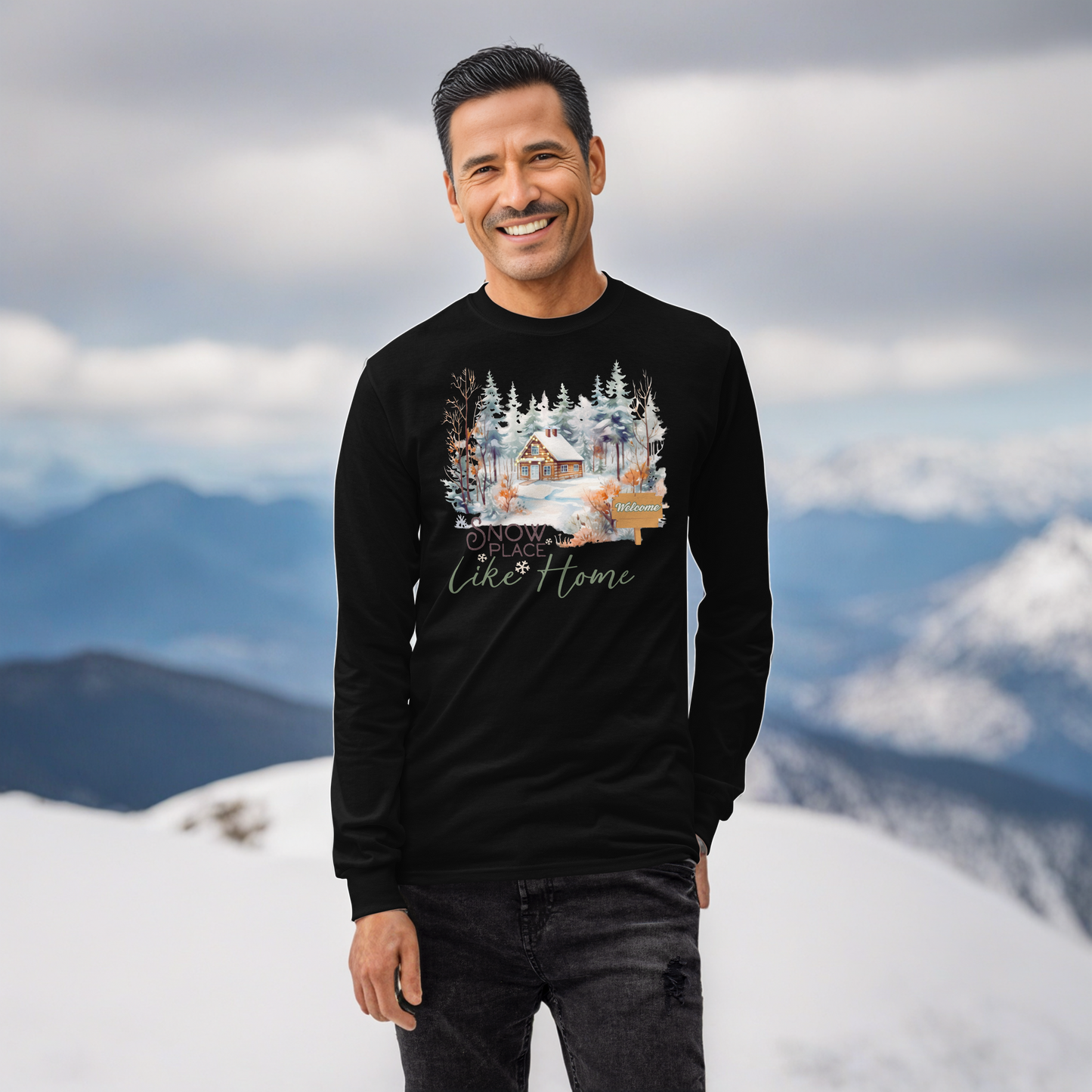 Snow Place Like Home Country Cabin in Snowy Woods Unisex Long Sleeve Shirt