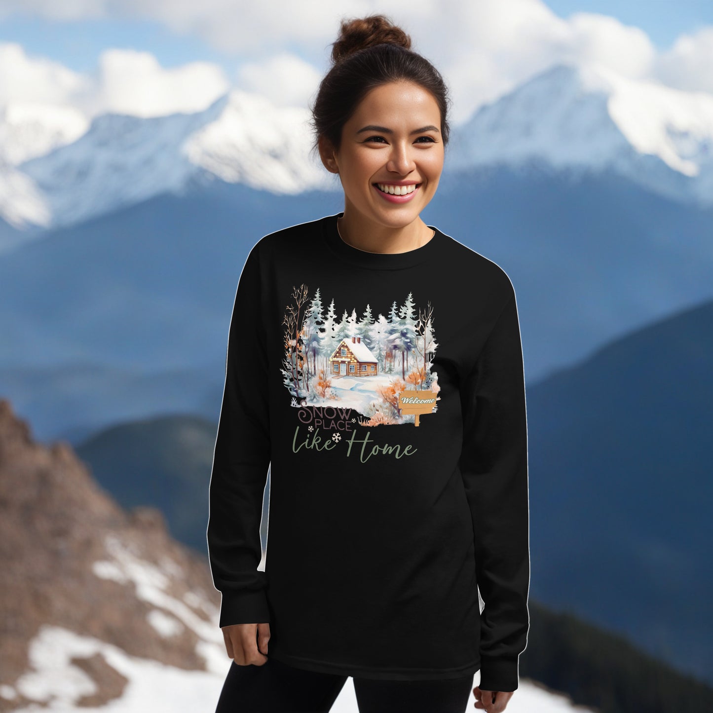 Snow Place Like Home Country Cabin in Snowy Woods Unisex Long Sleeve Shirt