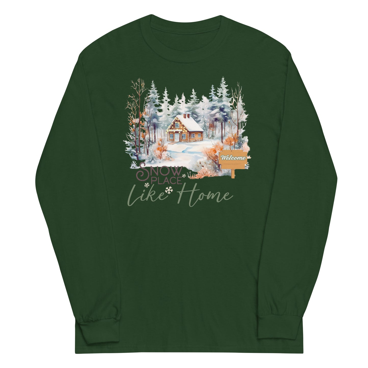 Snow Place Like Home Country Cabin in Snowy Woods Men's Unisex Long Sleeve Shirt