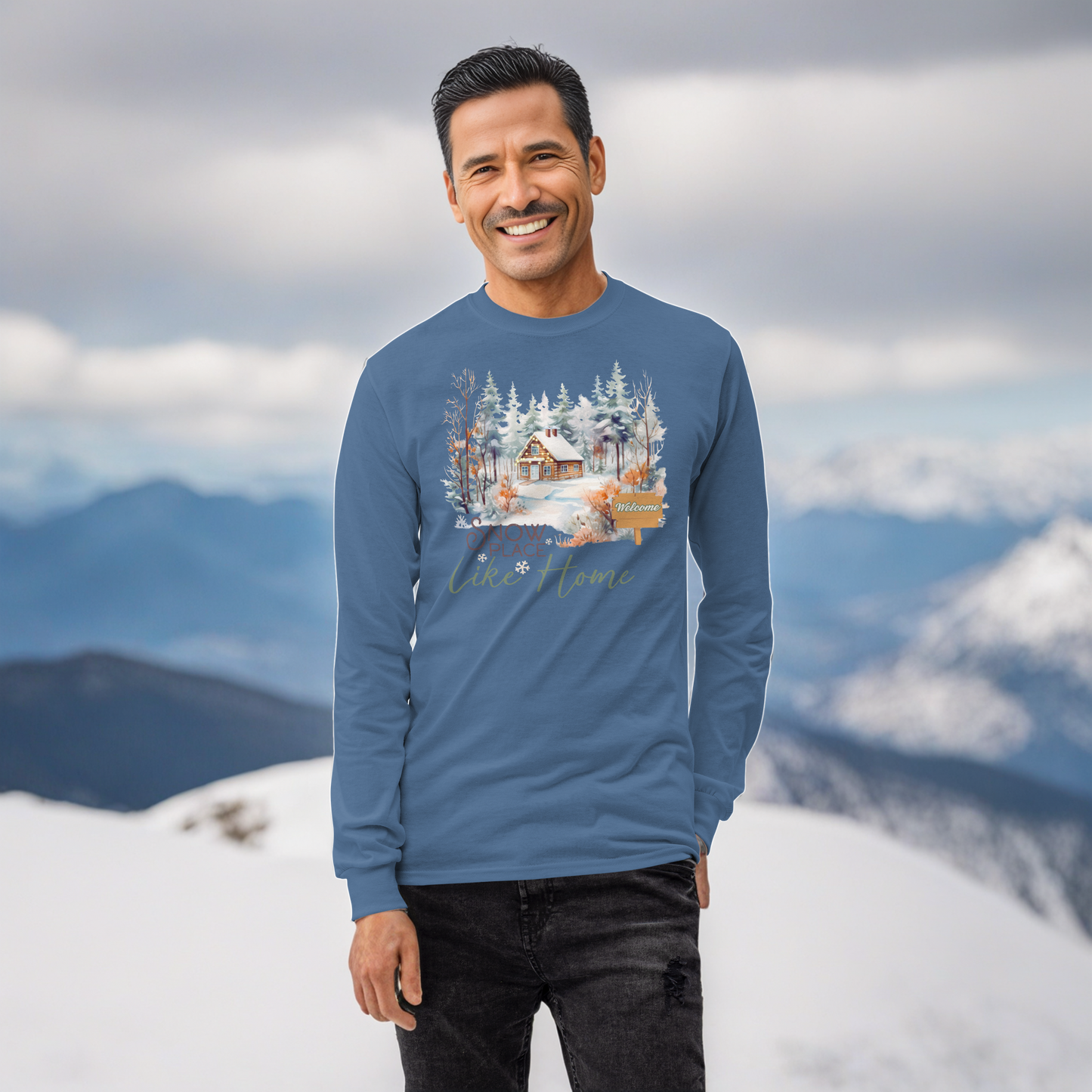 Snow Place Like Home Country Cabin in Snowy Woods Men's Unisex Long Sleeve Shirt