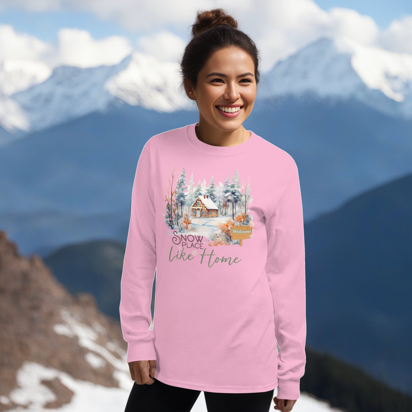 Snow Place Like Home Country Cabin in Snowy Woods Men's Unisex Long Sleeve Shirt