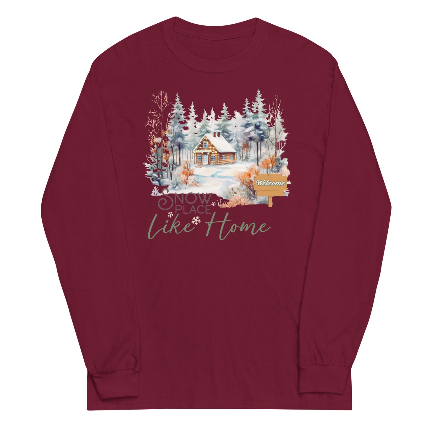 Snow Place Like Home Country Cabin in Snowy Woods Men's Unisex Long Sleeve Shirt