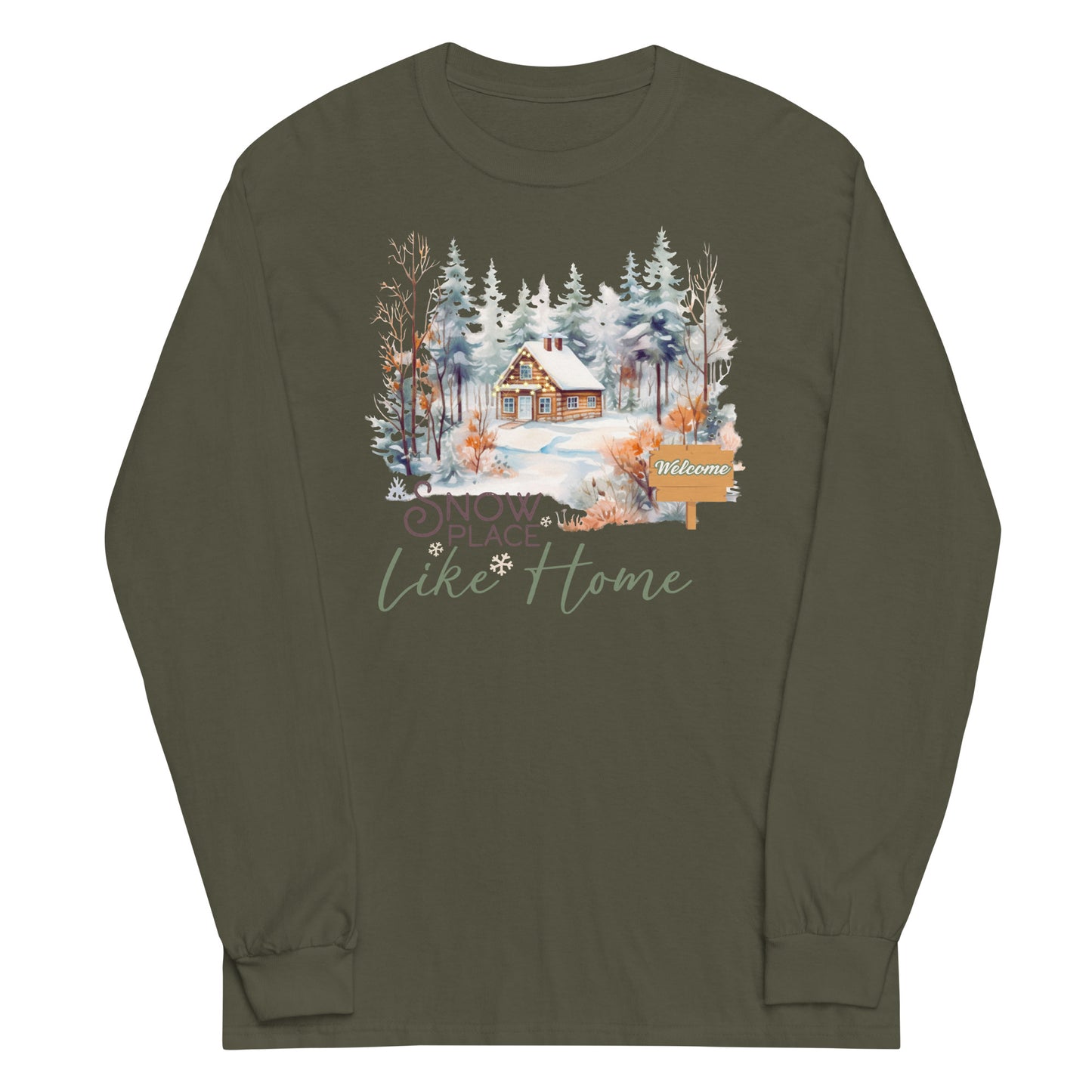 Snow Place Like Home Country Cabin in Snowy Woods Men's Unisex Long Sleeve Shirt
