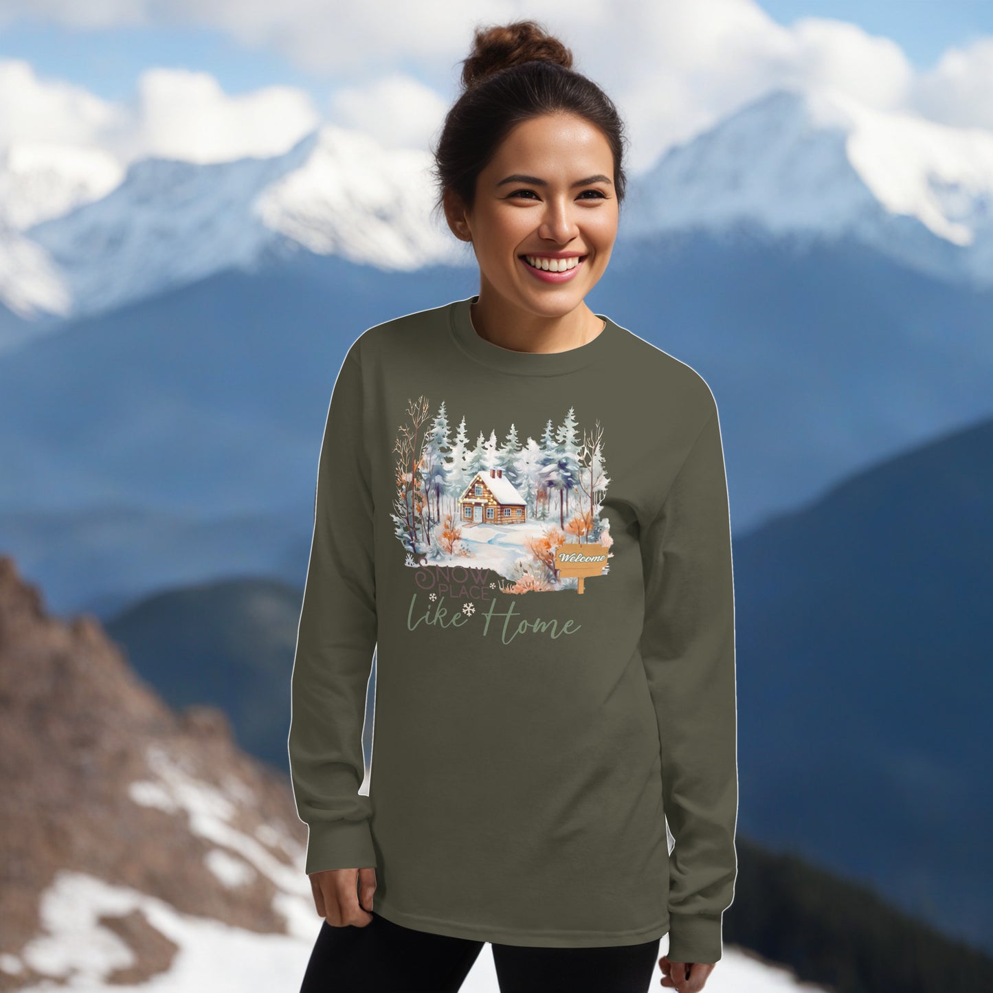 Snow Place Like Home Country Cabin in Snowy Woods Men's Unisex Long Sleeve Shirt