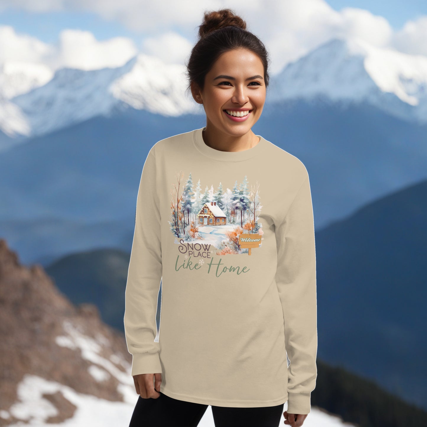 Snow Place Like Home Country Cabin in Snowy Woods Men's Unisex Long Sleeve Shirt
