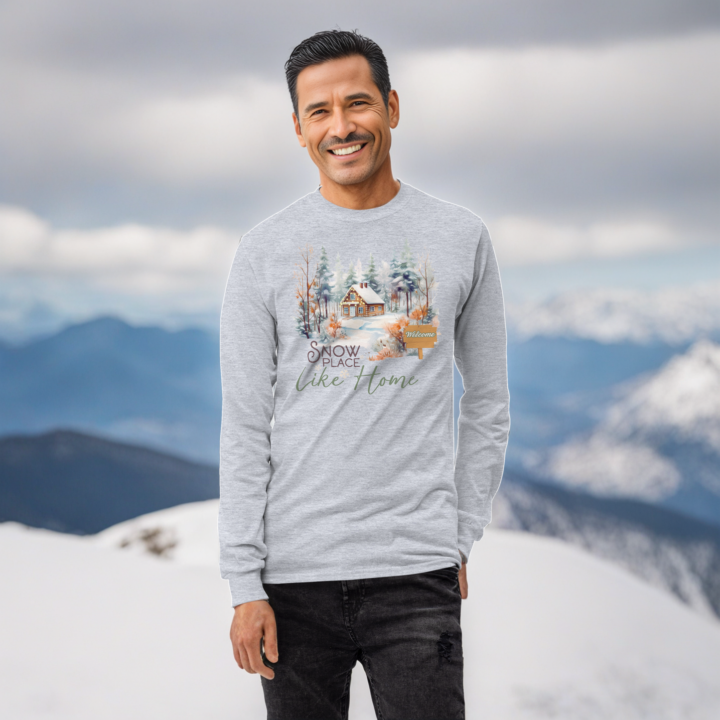 Snow Place Like Home Country Cabin in Snowy Woods Men's Unisex Long Sleeve Shirt