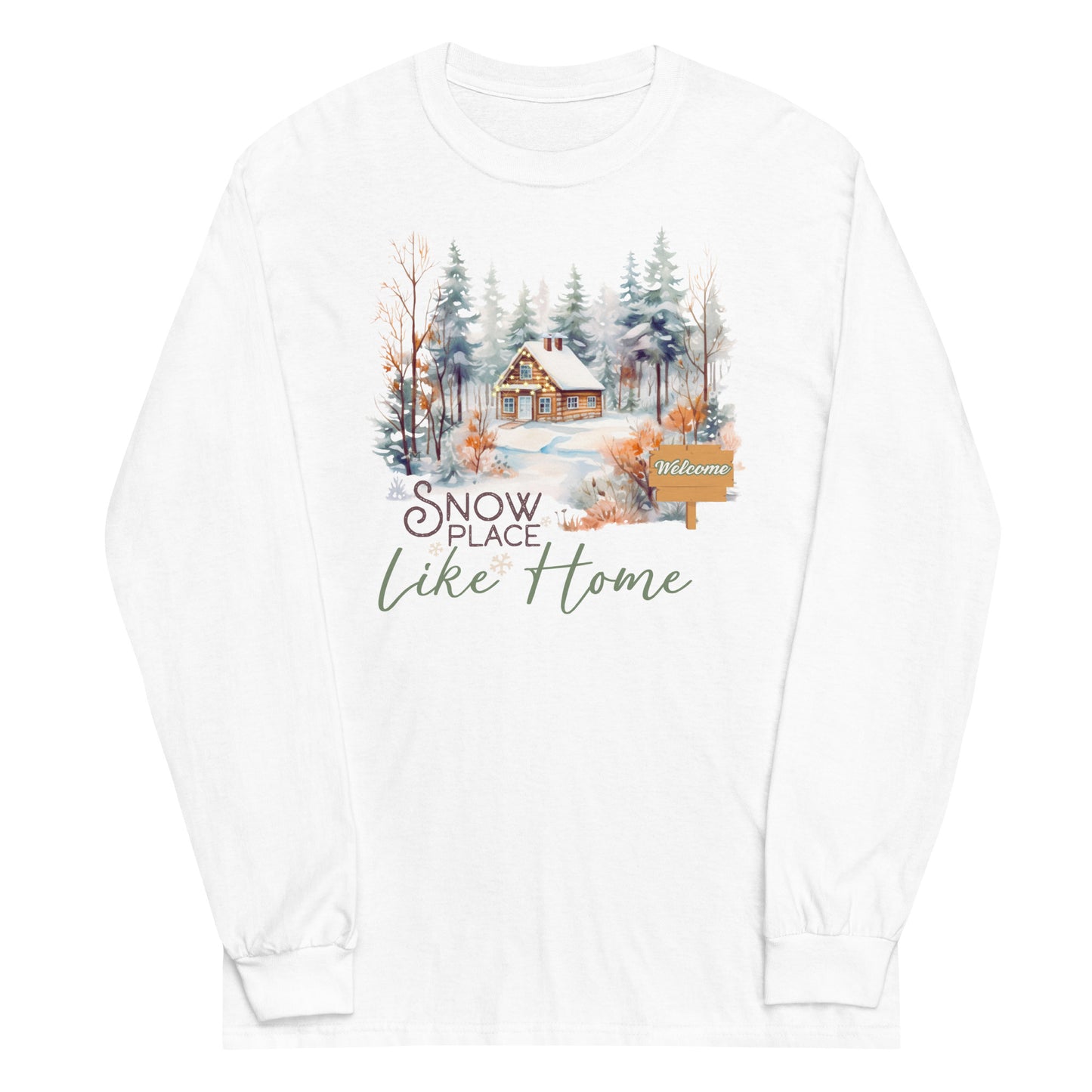 Snow Place Like Home Country Cabin in Snowy Woods Men's Unisex Long Sleeve Shirt