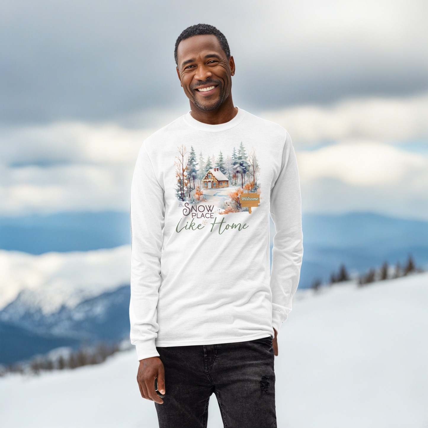 Snow Place Like Home Country Cabin in Snowy Woods Men's Unisex Long Sleeve Shirt