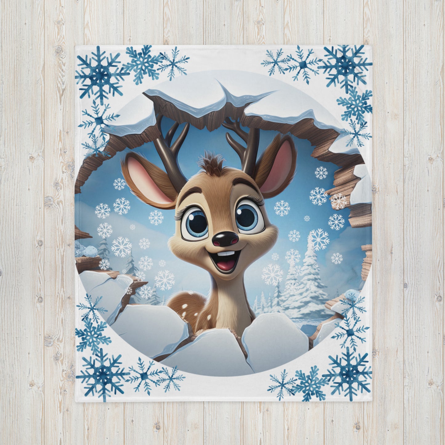 Bright Eyed Reindeer with Snowflakes Throw Blanket 50" x 60"
