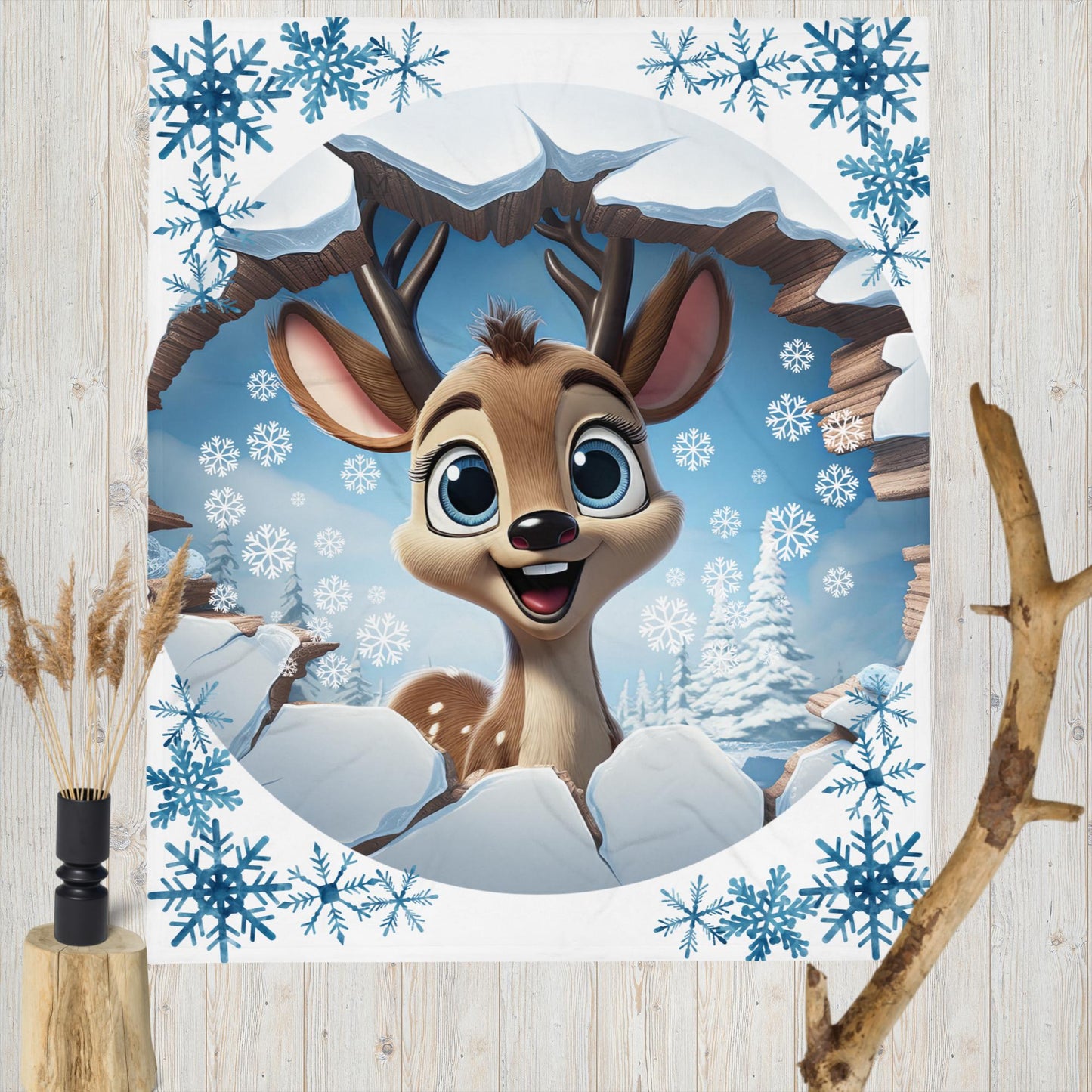 Bright Eyed Reindeer with Snowflakes Throw Blanket 50" x 60"