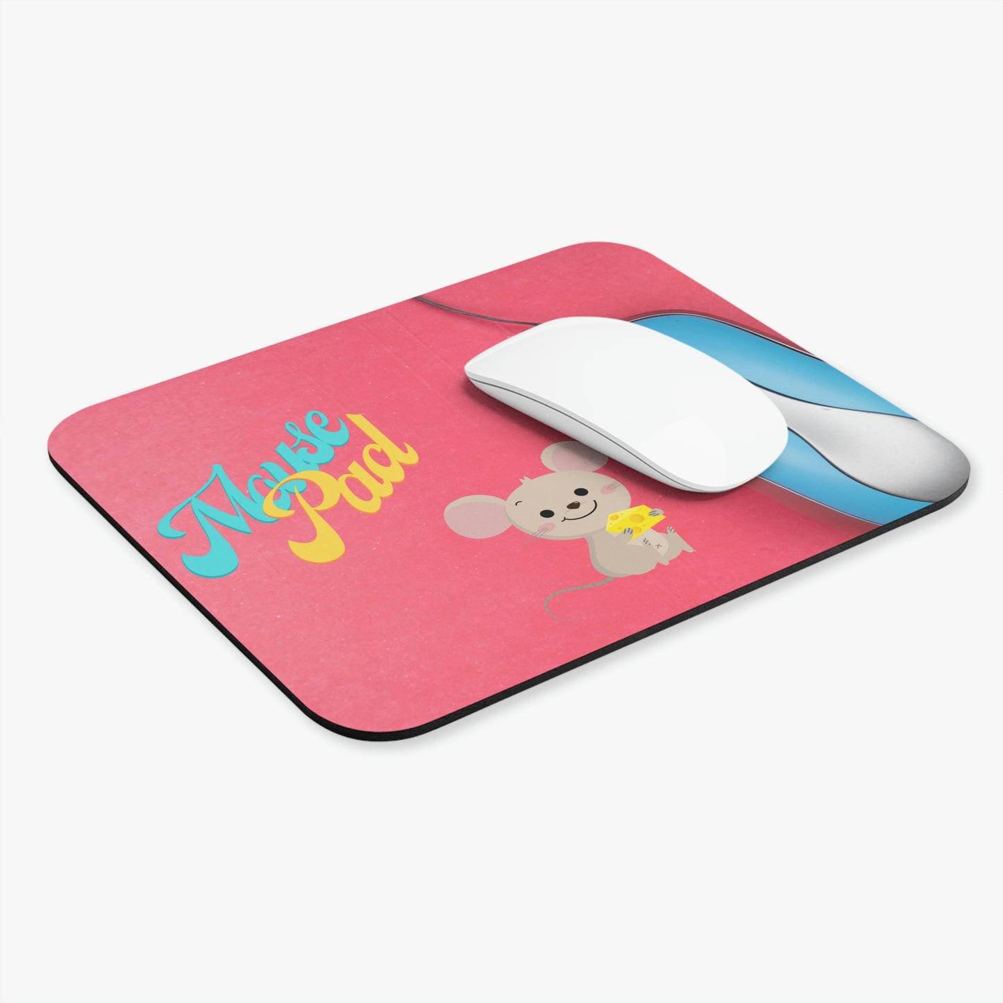 Blue Yellow Pink Mouse Pad with Real Mouse Beside a Blue and Silver Computer Mouse