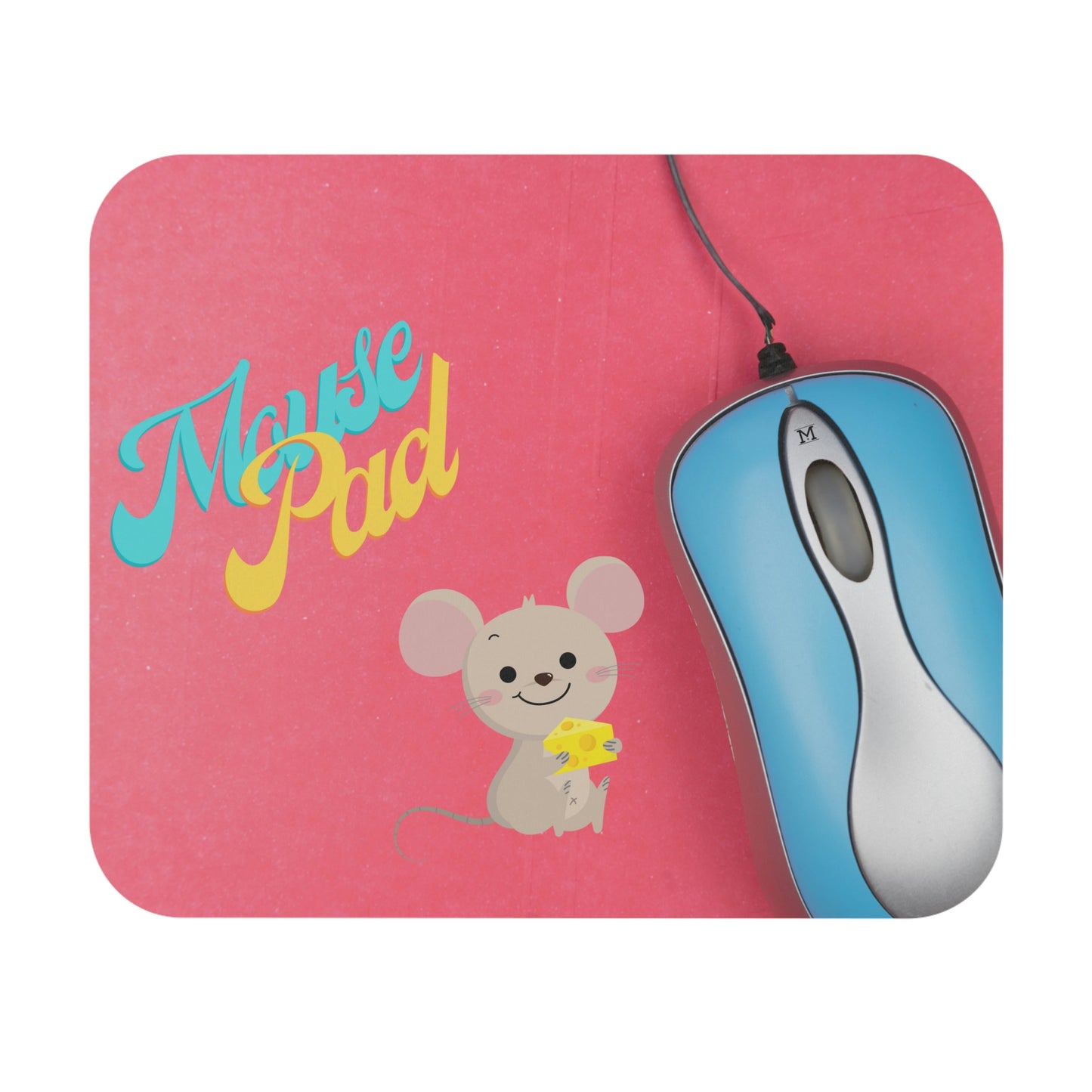 Blue Yellow Pink Mouse Pad with Real Mouse Beside a Blue and Silver Computer Mouse