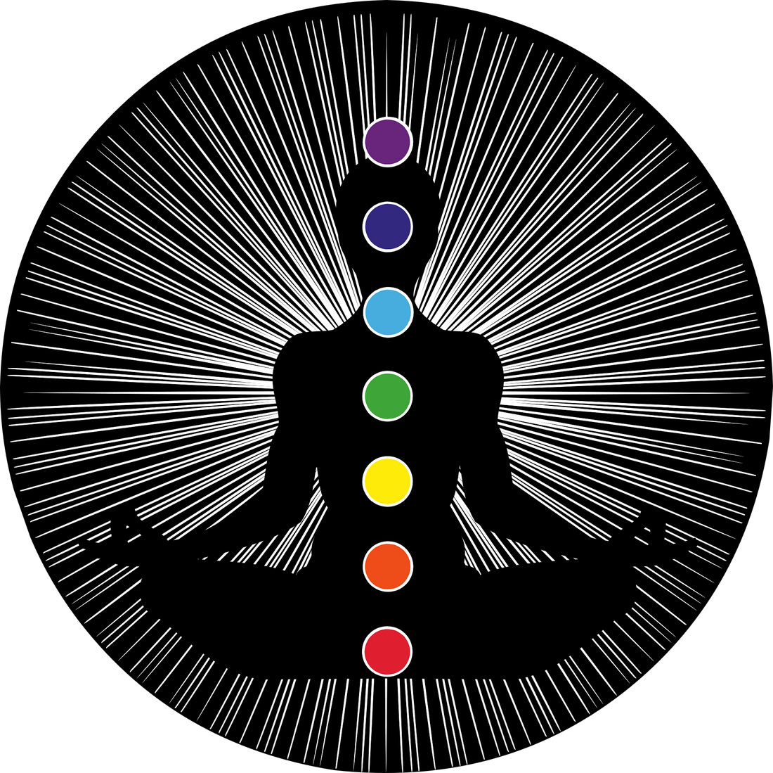 Seven Chakra Wheels illustrated on body in colors related to specific chakras.