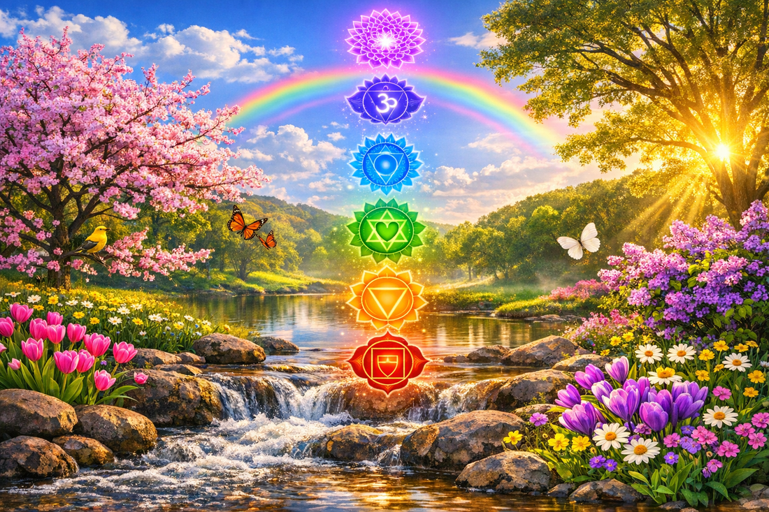 A beautiful Spring day with a rainbow over flowing water on a rocky stream. Beautiful colorful Spring flowers and flowering trees with butterflies fill the scene. Chakra symbols are shown over the flowing water.