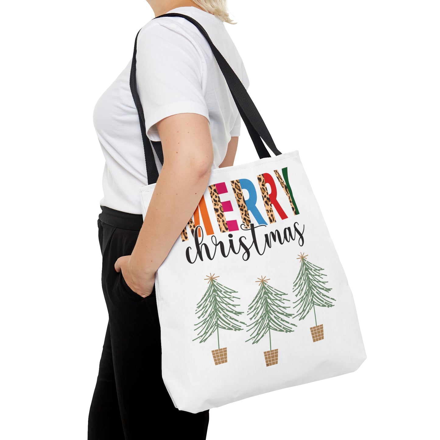 Merry Christmas with trees Large Tote Bag by MII Designs