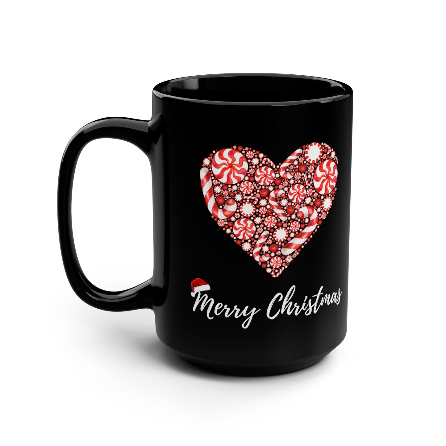 Peppermint Candy Heart Red White with Merry Christmas and Santa Hat on Black Mug, 15oz