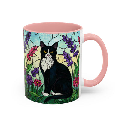Tuxedo Cat Stained Glass Accent Coffee Mug – Floral Lavender Design (11/15oz)