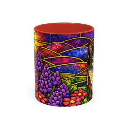 Tuxedo Cat Accent Coffee Mug — Stained-Glass Floral Design (11 oz)