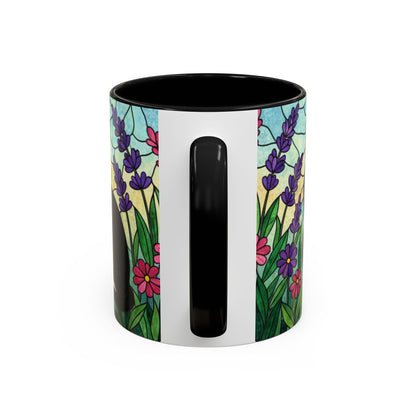 Tuxedo Cat Stained Glass Accent Coffee Mug – Floral Lavender Design (11/15oz)