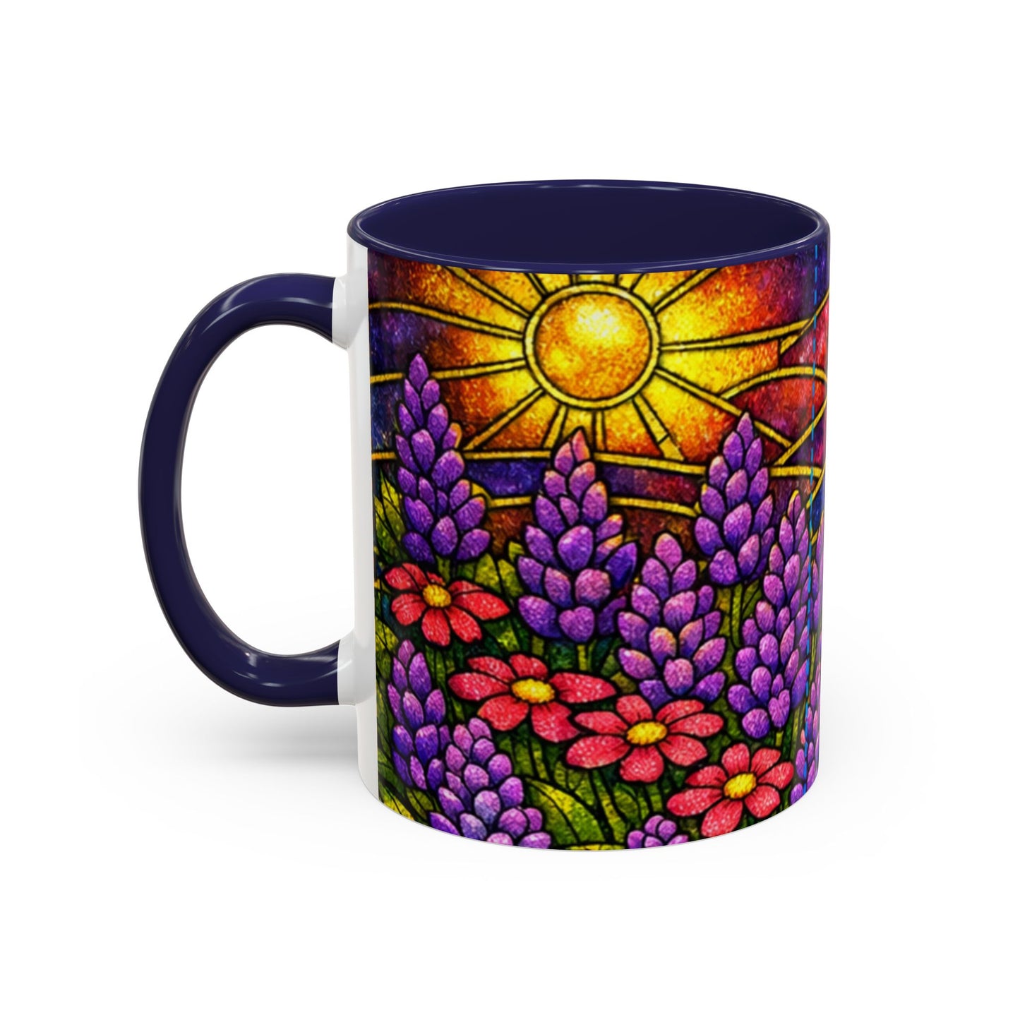 Tuxedo Cat Accent Coffee Mug — Stained-Glass Floral Design (11 oz)