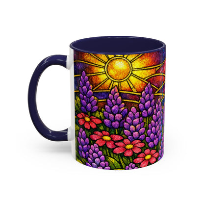 Tuxedo Cat Accent Coffee Mug — Stained-Glass Floral Design (11 oz)