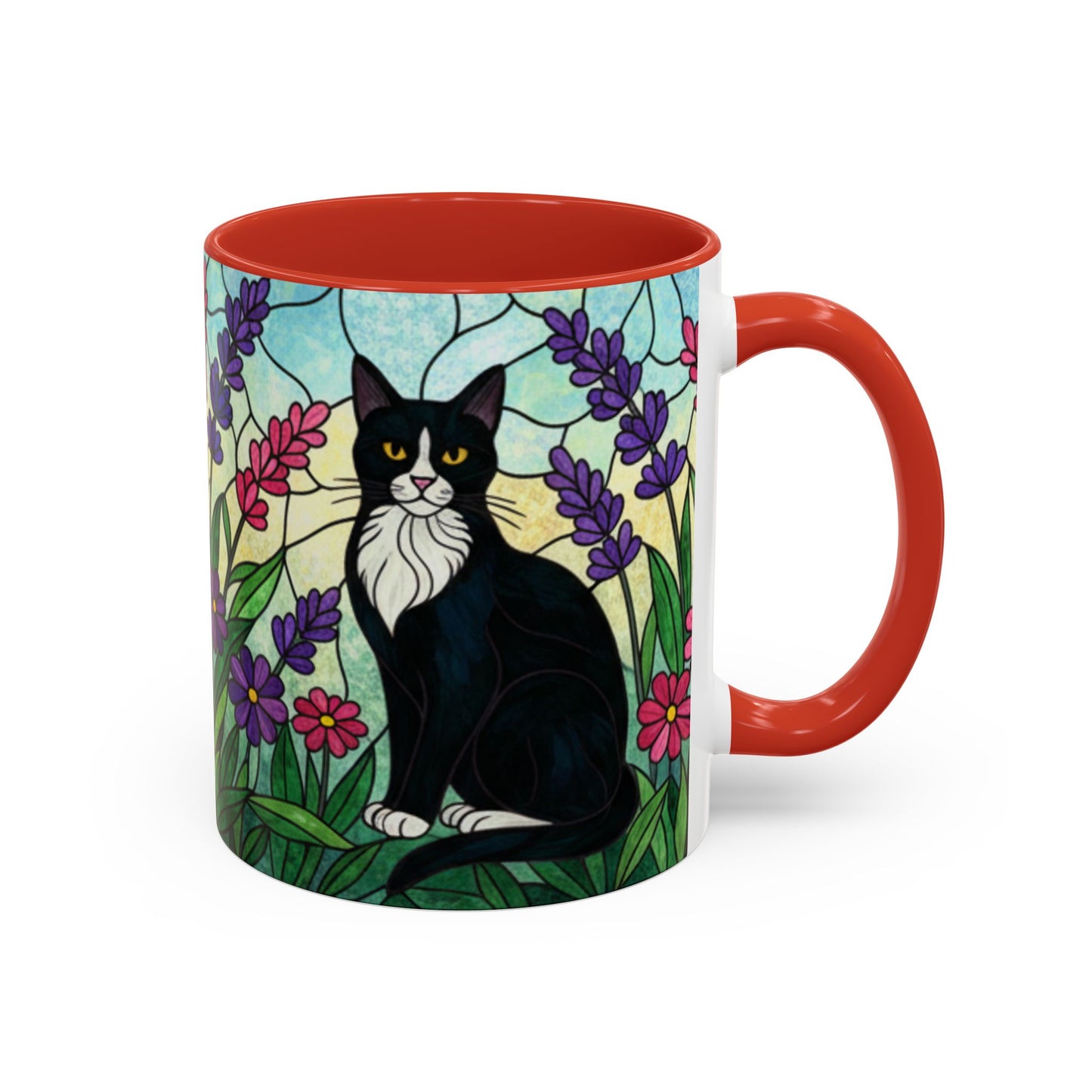 Tuxedo Cat Stained Glass Accent Coffee Mug – Floral Lavender Design (11/15oz)