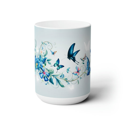 Blue Butterflies, with vines and flowers 15oz White Ceramic Mug PC Designs
