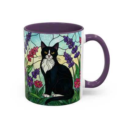Tuxedo Cat Stained Glass Accent Coffee Mug – Floral Lavender Design (11/15oz)