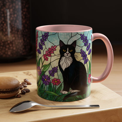 Tuxedo Cat Stained Glass Accent Coffee Mug – Floral Lavender Design (11/15oz)