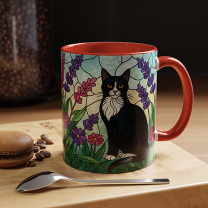 Tuxedo Cat Stained Glass Accent Coffee Mug – Floral Lavender Design (11/15oz)
