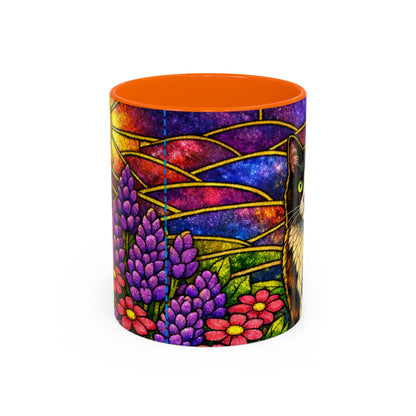 Tuxedo Cat Accent Coffee Mug — Stained-Glass Floral Design (11 oz)