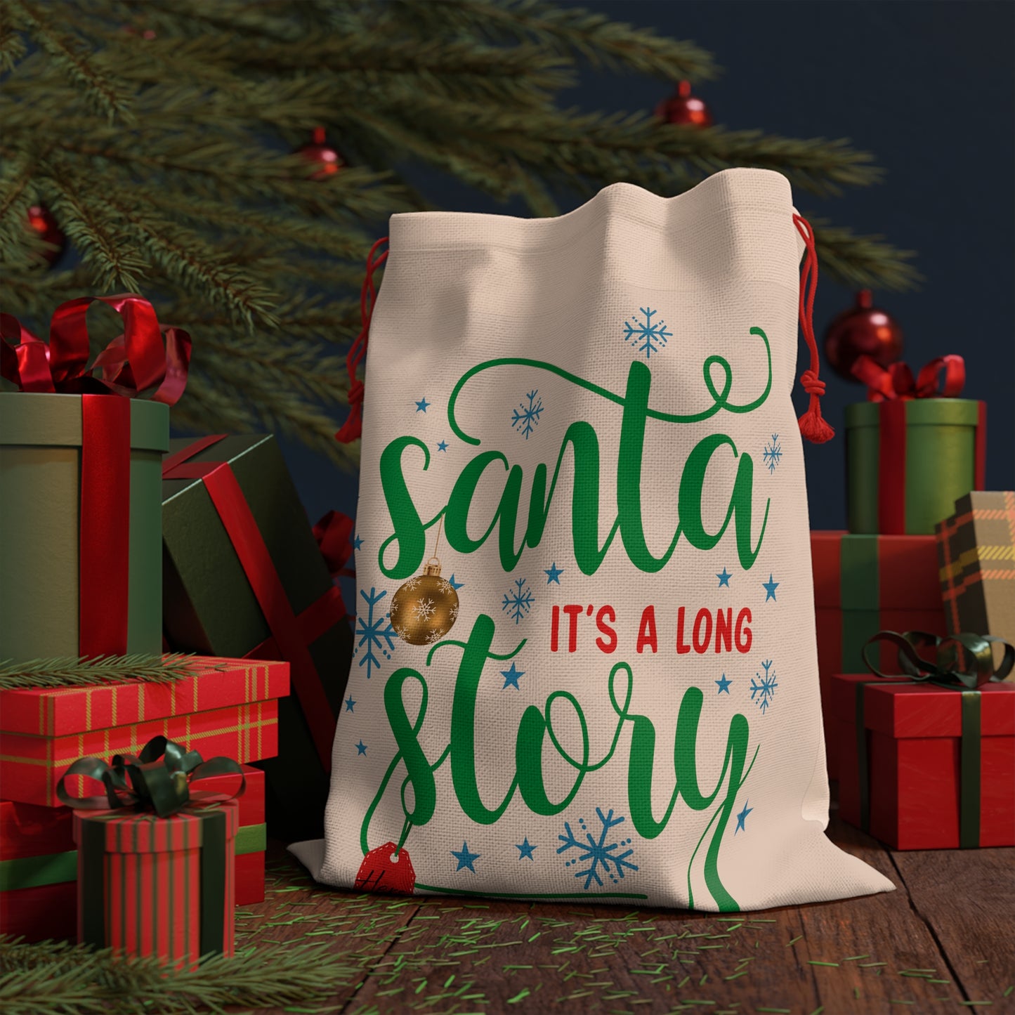 Santa, It's a Long Story... Linen Bag Great for Gifts 19.7" x 26" x .50" inches (HERS Gift Tag) Design by MII (Green Alternative to Plastics)