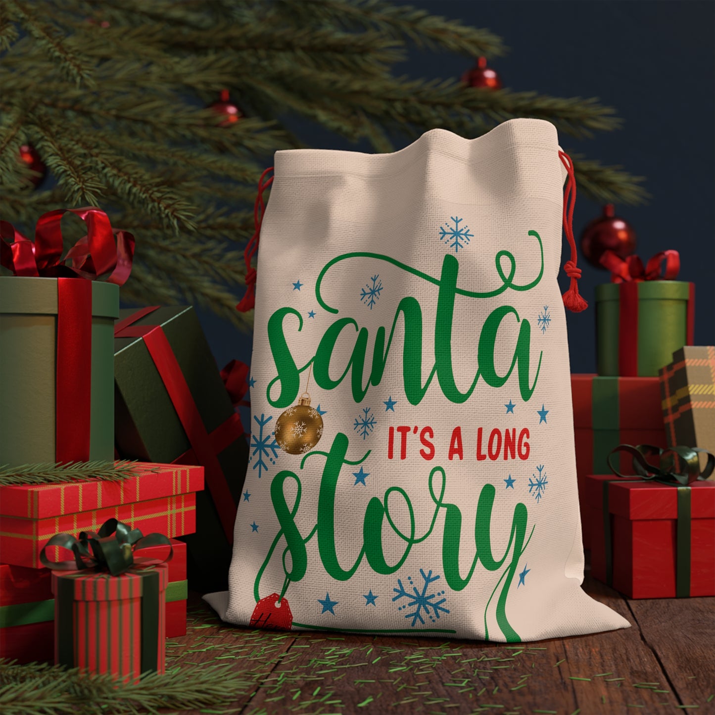 Santa, It's a Long Story... Linen Decor Gift Bag (HERS) Green Alternative