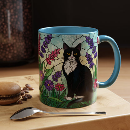 Tuxedo Cat Stained Glass Accent Coffee Mug – Floral Lavender Design (11/15oz)