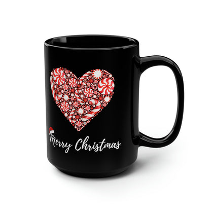 Peppermint Candy Heart Red White with Merry Christmas and Santa Hat on Black Mug, 15oz