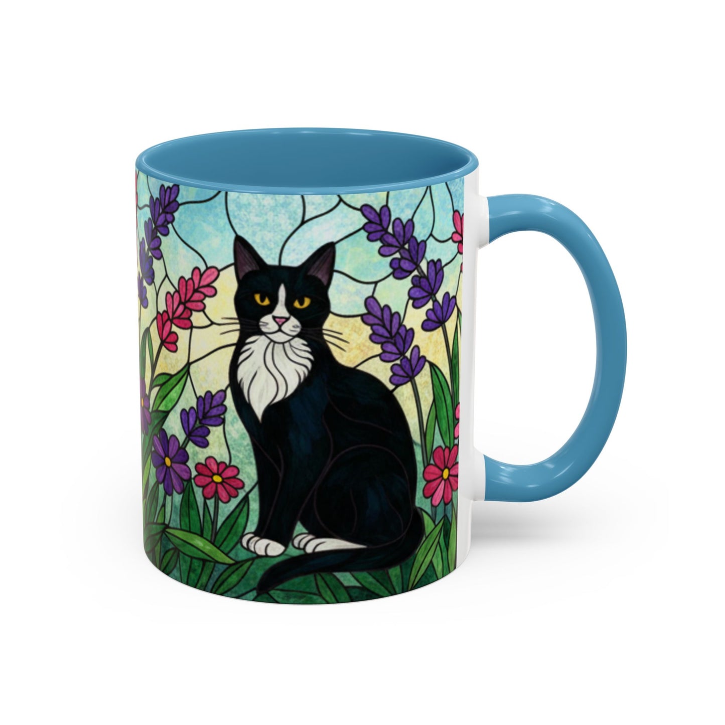 Tuxedo Cat Stained Glass Accent Coffee Mug – Floral Lavender Design (11/15oz)