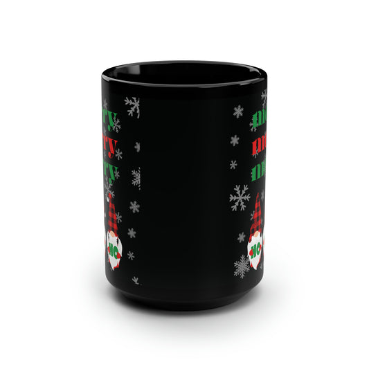 Colorful Christmas Gnomes Merry Merry Merry Ho Ho Ho Plaid, Design on both sides, MII Designs Ceramic Black Mug Cup, 15oz