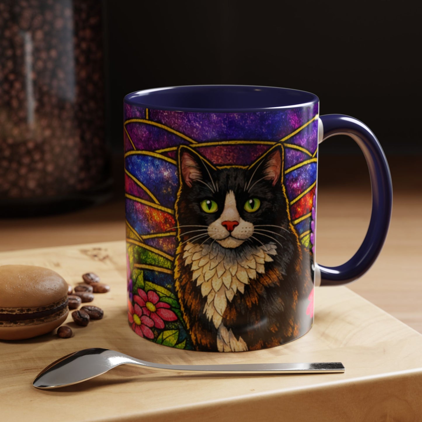 Tuxedo Cat Accent Coffee Mug — Stained-Glass Floral Design (11 oz)