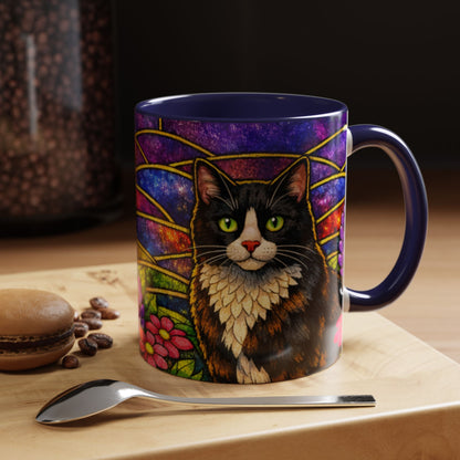 Tuxedo Cat Accent Coffee Mug — Stained-Glass Floral Design (11 oz)