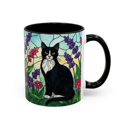 Tuxedo Cat Stained Glass Accent Coffee Mug – Floral Lavender Design (11/15oz)