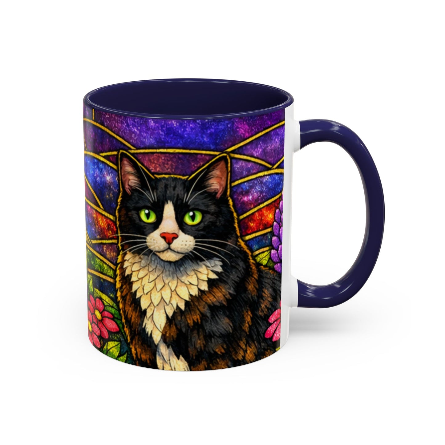 Tuxedo Cat Accent Coffee Mug — Stained-Glass Floral Design (11 oz)