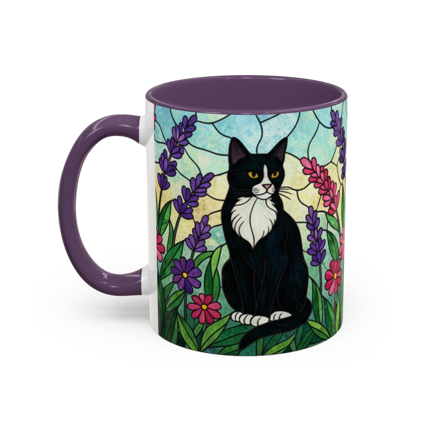 Tuxedo Cat Stained Glass Accent Coffee Mug – Floral Lavender Design (11/15oz)