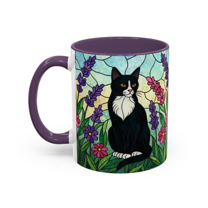 Tuxedo Cat Stained Glass Accent Coffee Mug – Floral Lavender Design (11/15oz)
