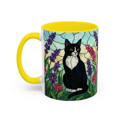 Tuxedo Cat Stained Glass Accent Coffee Mug – Floral Lavender Design (11/15oz)