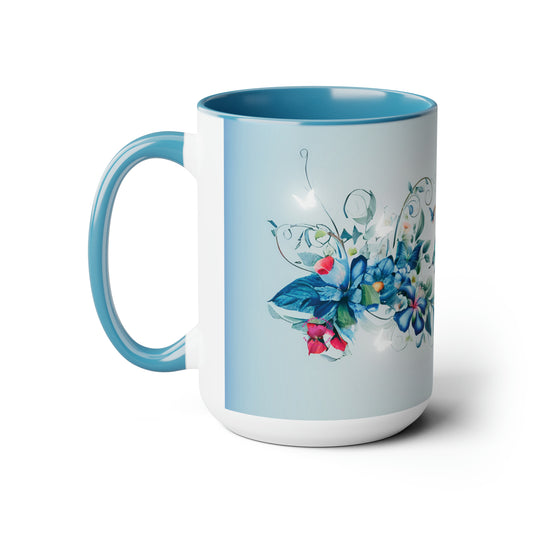 Blue Butterflies, with vines and flowers 15oz White Mug with Blue Color Accents Dishwasher and Microwave Safe Two-Tone Coffee Mugs